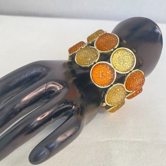 Stretch Bracelet Gold Tone Encircled Druzy Orange Yellow Lucite Stones - Picture 3 of 8
